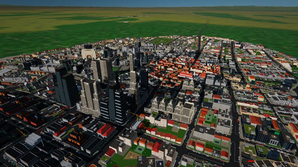 Hochhäuser und Altstadt, jedes Gebäude in voller Detailstufe